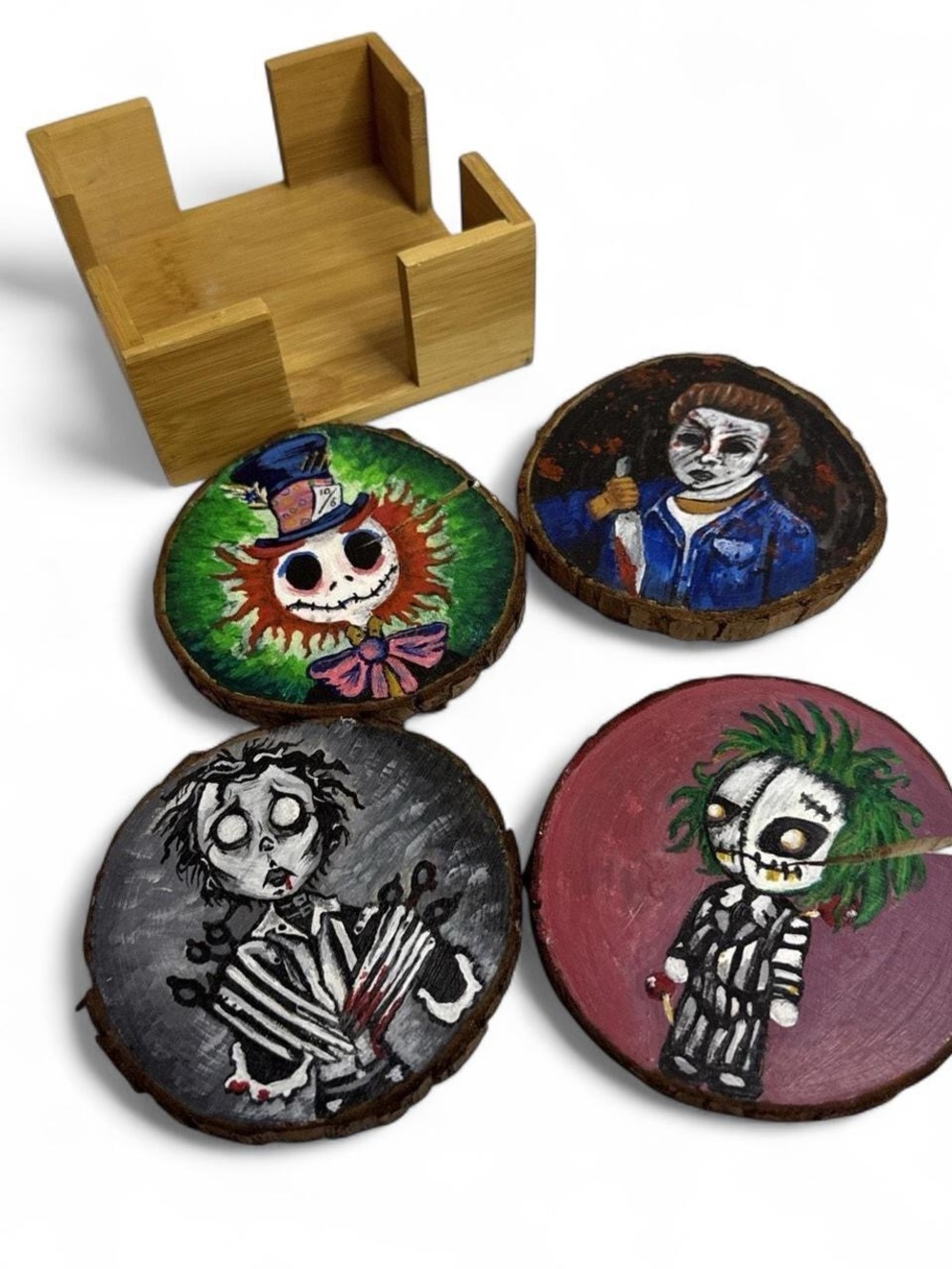 Hand-Painted Horror Wood Coaster Set - Green, Red, Black, Purple